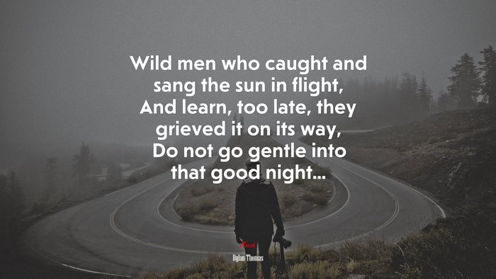 Wild men who caught and sang the sun in flight, And learn, too late, they grieved it on its way, Do not go gentle into that good night... | Dylan Thomas quote