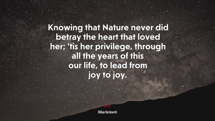 Knowing that Nature never did betray the heart that loved her; ’tis her privilege, through all the years of this our life, to lead from joy to joy. | William Wordsworth quote