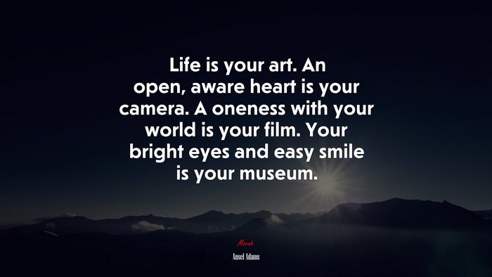 Life is your art. An open, aware heart is your camera. A oneness with your world is your film. Your bright eyes and easy smile is your museum. | Ansel Adams quote