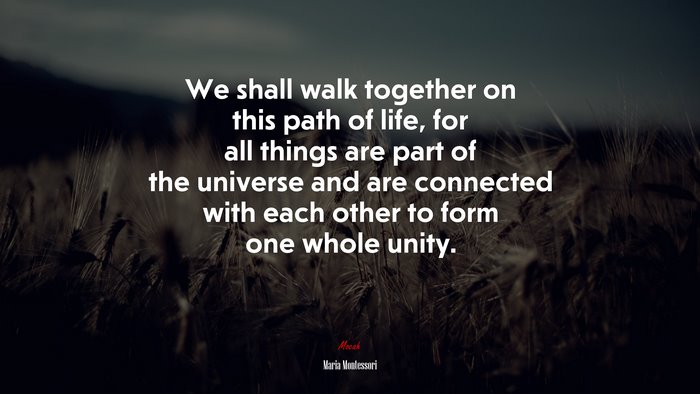 We shall walk together on this path of life, for all things are part of the universe and are connected with each other to form one whole unity. | Maria Montessori quote
