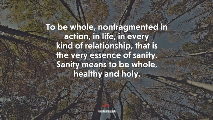 To be whole, nonfragmented in action, in life, in every kind of relationship, that is the very essence of sanity. Sanity means to be whole, healthy and holy. | Jiddu Krishnamurti quote