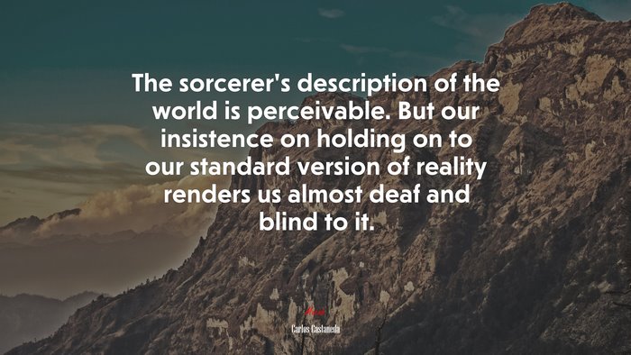 The sorcerer’s description of the world is perceivable. But our insistence on holding on to our standard version of reality renders us almost deaf and blind to it. | Carlos Castaneda quote