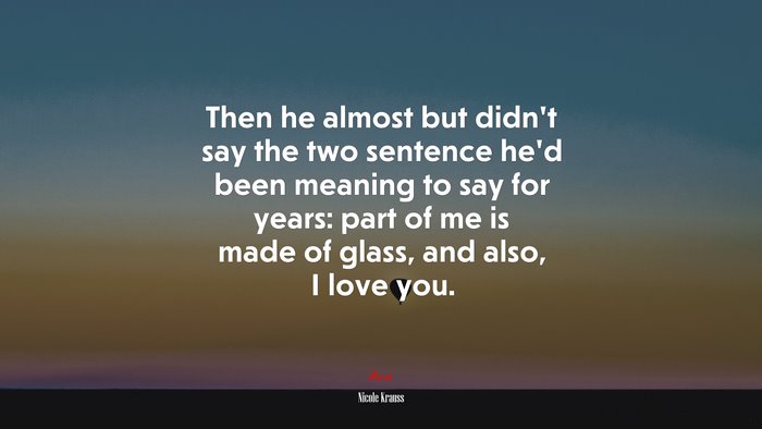 Then he almost but didn’t say the two sentence he’d been meaning to say for years: part of me is made of glass, and also, I love you. | Nicole Krauss quote