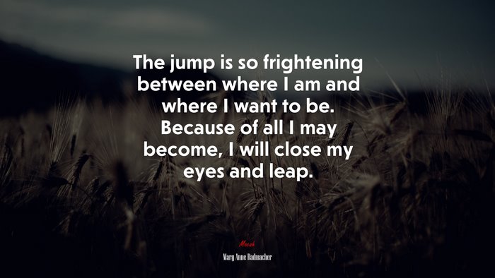 The jump is so frightening between where I am and where I want to be. Because of all I may become, I will close my eyes and leap. | Mary Anne Radmacher quote