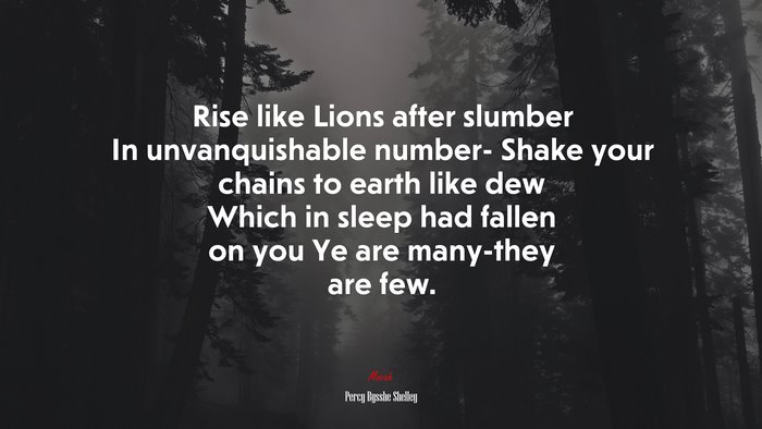 Rise like Lions after slumber In unvanquishable number- Shake your chains to earth like dew Which in sleep had fallen on you Ye are many-they are few. | Percy Bysshe Shelley quote