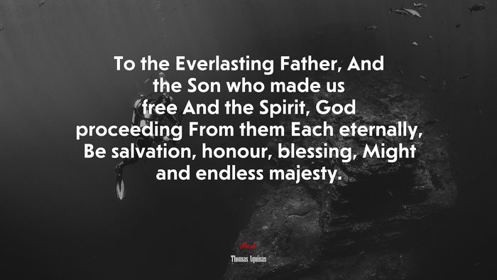 To the Everlasting Father, And the Son who made us free And the Spirit, God proceeding From them Each eternally, Be salvation, honour, blessing, Might and endless majesty. | Thomas Aquinas quote