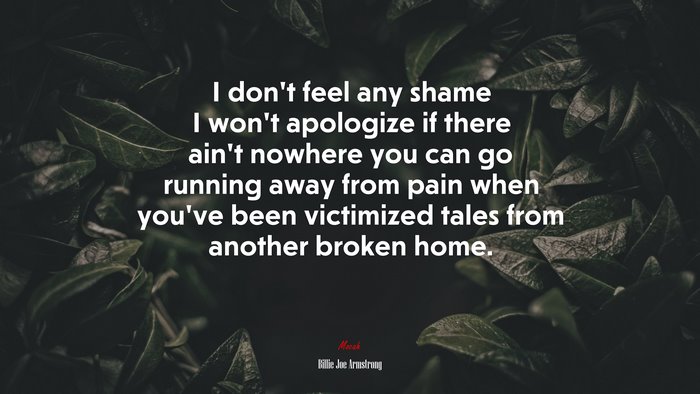 I don’t feel any shame I won’t apologize if there ain’t nowhere you can go running away from pain when you’ve been victimized tales from another broken home. | Billie Joe Armstrong quote