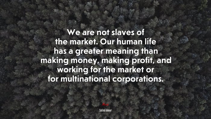 We are not slaves of the market. Our human life has a greater meaning than making money, making profit, and working for the market or for multinational corporations. | Satish Kumar quote