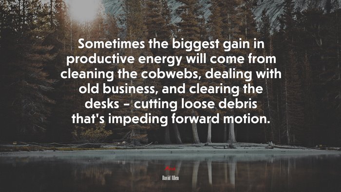 Sometimes the biggest gain in productive energy will come from cleaning the cobwebs, dealing with old business, and clearing the desks – cutting loose debris that’s impeding forward motion. | David Allen quote