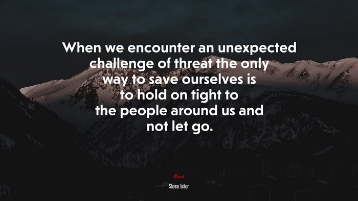 When we encounter an unexpected challenge of threat the only way to save ourselves is to hold on tight to the people around us and not let go. | Shawn Achor quote