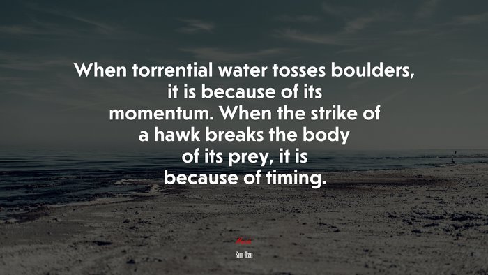 When torrential water tosses boulders, it is because of its momentum. When the strike of a hawk breaks the body of its prey, it is because of timing. | Sun Tzu quote