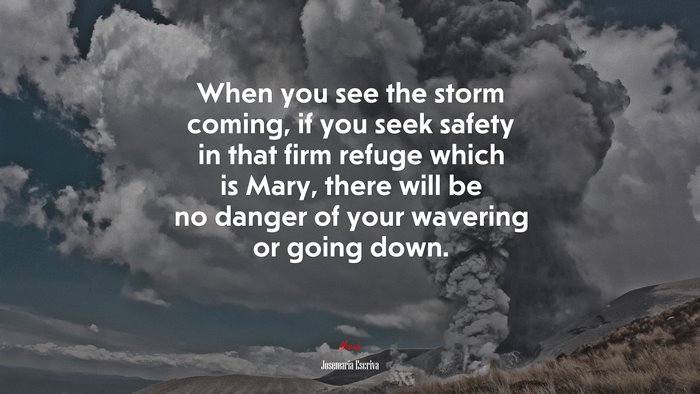 When you see the storm coming, if you seek safety in that firm refuge which is Mary, there will be no danger of your wavering or going down. | Josemaría Escrivá quote