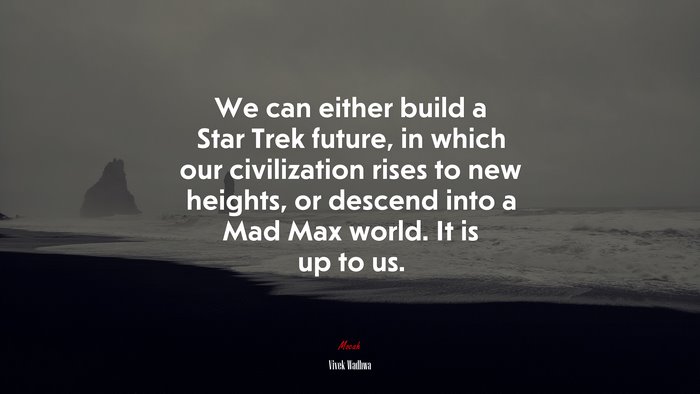 We can either build a Star Trek future, in which our civilization rises to new heights, or descend into a Mad Max world. It is up to us. | Vivek Wadhwa quote
