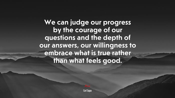 We can judge our progress by the courage of our questions and the depth of our answers, our willingness to embrace what is true rather than what feels good. | Carl Sagan quote