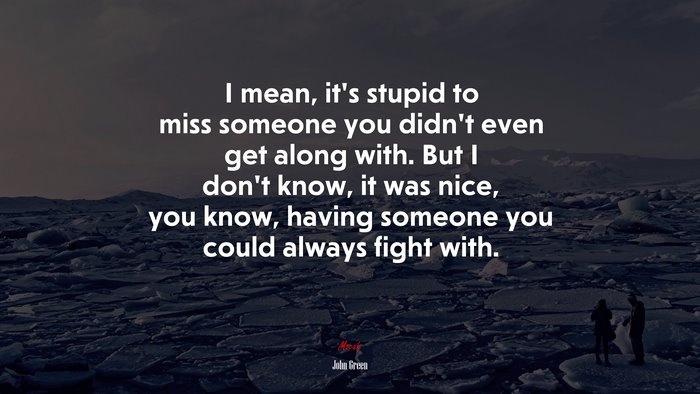 I mean, it’s stupid to miss someone you didn’t even get along with. But I don’t know, it was nice, you know, having someone you could always fight with. | John Green quote
