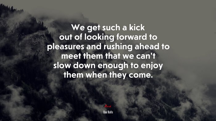 We get such a kick out of looking forward to pleasures and rushing ahead to meet them that we can’t slow down enough to enjoy them when they come. | Alan Watts quote