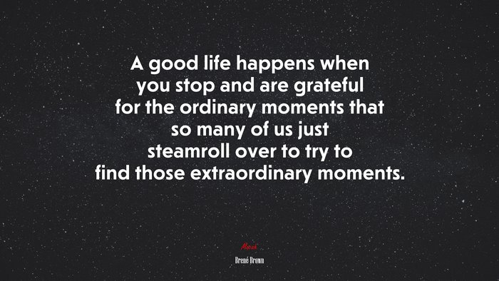 A good life happens when you stop and are grateful for the ordinary moments that so many of us just steamroll over to try to find those extraordinary moments. | Brené Brown quote