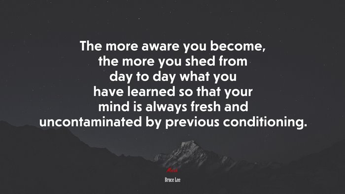 The more aware you become, the more you shed from day to day what you have learned so that your mind is always fresh and uncontaminated by previous conditioning. | Bruce Lee quote