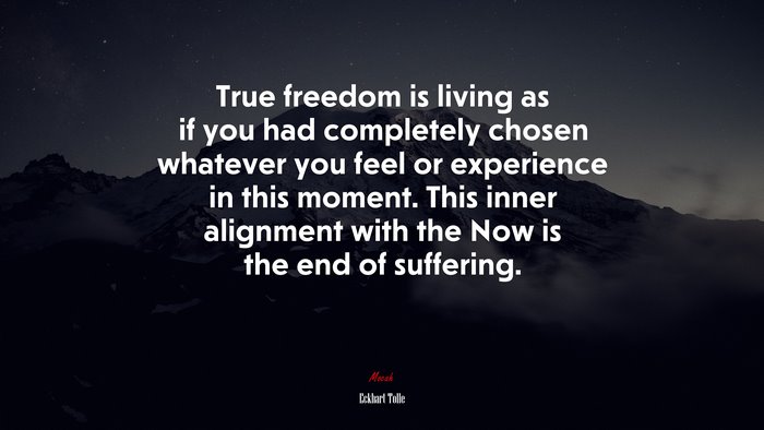 True freedom is living as if you had completely chosen whatever you feel or experience in this moment. This inner alignment with the Now is the end of suffering. | Eckhart Tolle quote