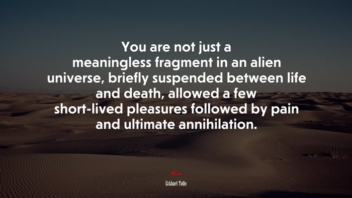 You are not just a meaningless fragment in an alien universe, briefly suspended between life and death, allowed a few short-lived pleasures followed by pain and ultimate annihilation. | Eckhart Tolle quote