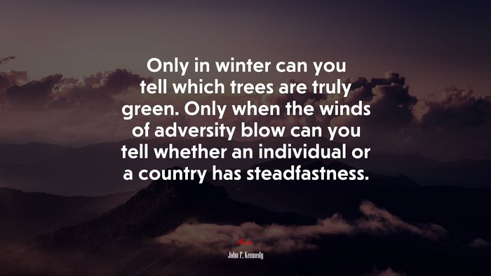 Only in winter can you tell which trees are truly green. Only when the winds of adversity blow can you tell whether an individual or a country has steadfastness. | John F. Kennedy quote
