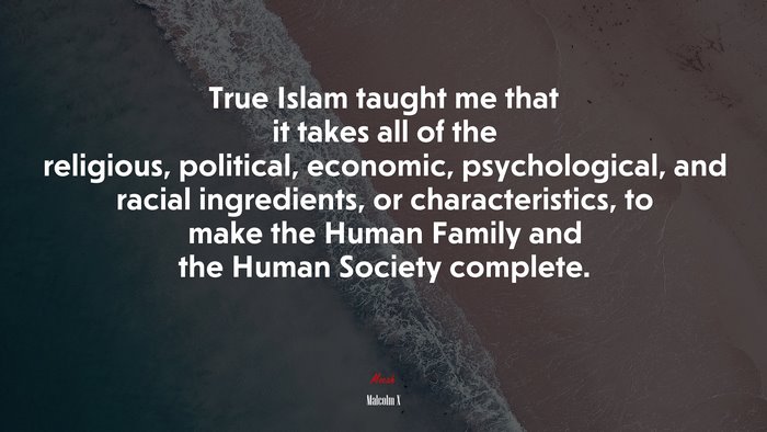 True Islam taught me that it takes all of the religious, political, economic, psychological, and racial ingredients, or characteristics, to make the Human Family and the Human Society complete. | Malcolm X quote