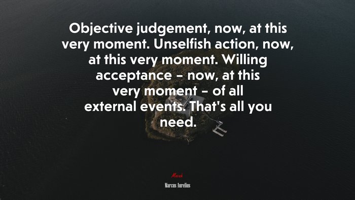 Objective judgement, now, at this very moment. Unselfish action, now, at this very moment. Willing acceptance – now, at this very moment – of all external events. That’s all you need. | Marcus Aurelius quote