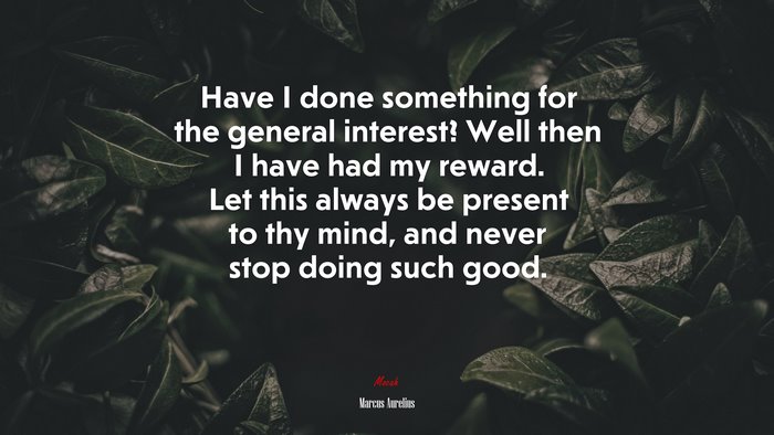Have I done something for the general interest? Well then I have had my reward. Let this always be present to thy mind, and never stop doing such good. | Marcus Aurelius quote