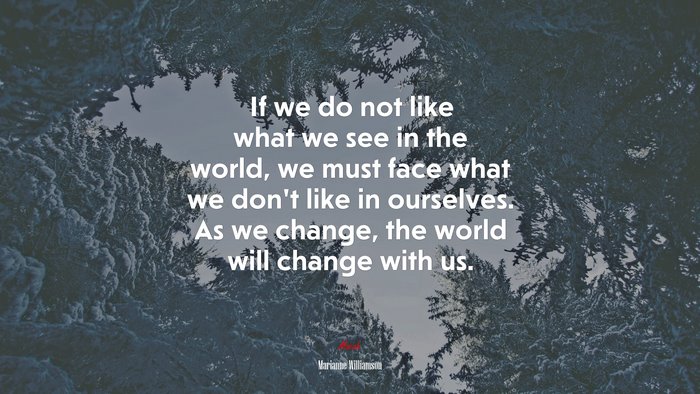 If we do not like what we see in the world, we must face what we don’t like in ourselves. As we change, the world will change with us. | Marianne Williamson quote