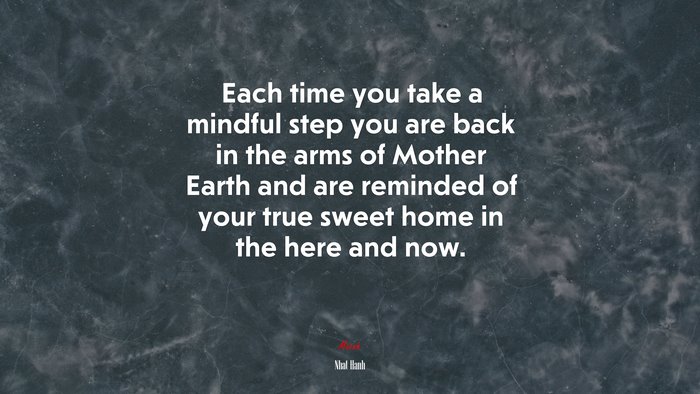 Each time you take a mindful step you are back in the arms of Mother Earth and are reminded of your true sweet home in the here and now. | Nhat Hanh quote