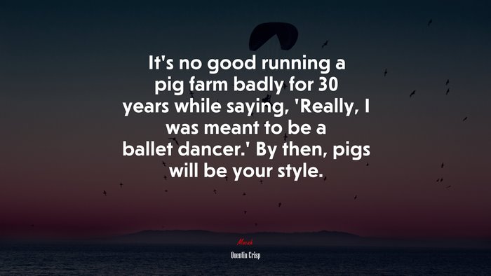 It’s no good running a pig farm badly for 30 years while saying, ‘Really, I was meant to be a ballet dancer.’ By then, pigs will be your style. | Quentin Crisp quote