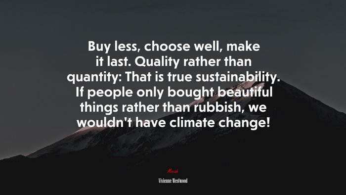 Buy less, choose well, make it last. Quality rather than quantity: That is true sustainability. If people only bought beautiful things rather than rubbish, we wouldn’t have climate change! | Vivienne Westwood quote