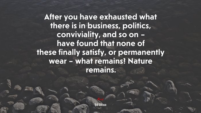 After you have exhausted what there is in business, politics, conviviality, and so on – have found that none of these finally satisfy, or permanently wear – what remains? Nature remains. | Walt Whitman quote