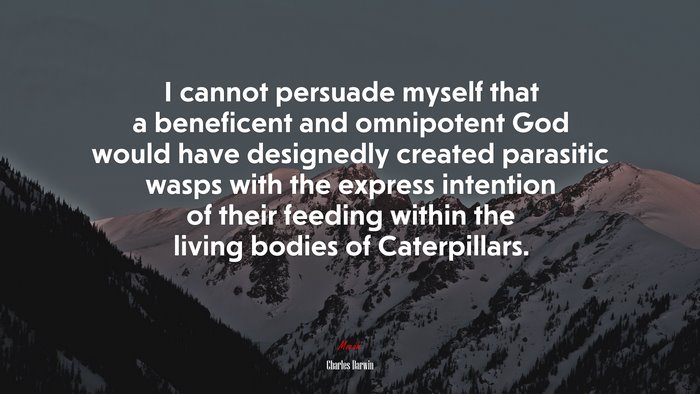 I cannot persuade myself that a beneficent and omnipotent God would have designedly created parasitic wasps with the express intention of their feeding within the living bodies of Caterpillars. | Charles Darwin quote