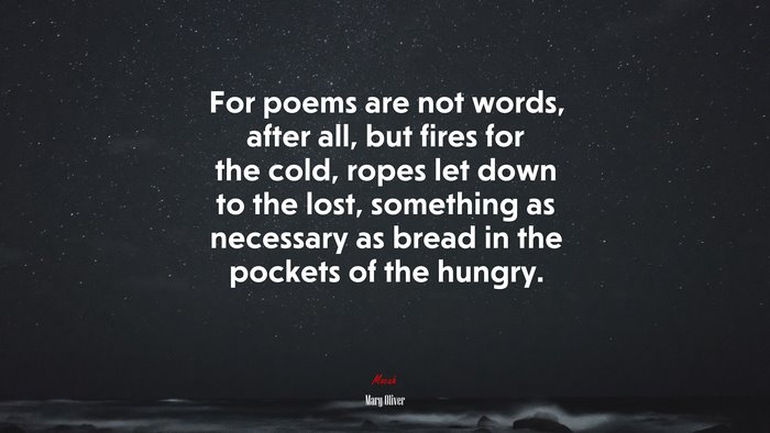 For poems are not words, after all, but fires for the cold, ropes let down to the lost, something as necessary as bread in the pockets of the hungry. | Mary Oliver quote