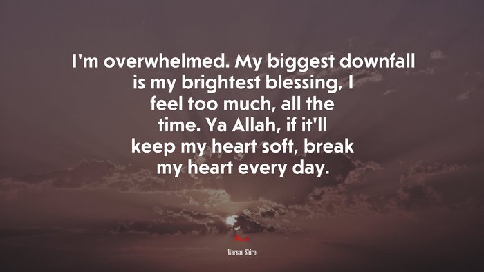 I’m overwhelmed. My biggest downfall is my brightest blessing, I feel too much, all the time. Ya Allah, if it’ll keep my heart soft, break my heart every day. | Warsan Shire quote