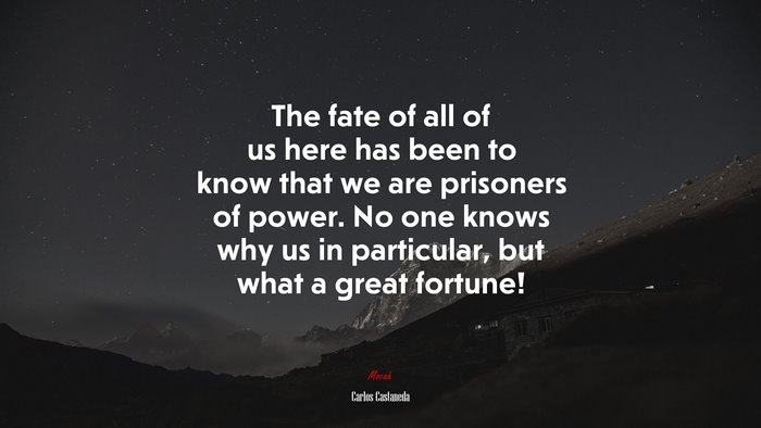 The fate of all of us here has been to know that we are prisoners of power. No one knows why us in particular, but what a great fortune! | Carlos Castaneda quote