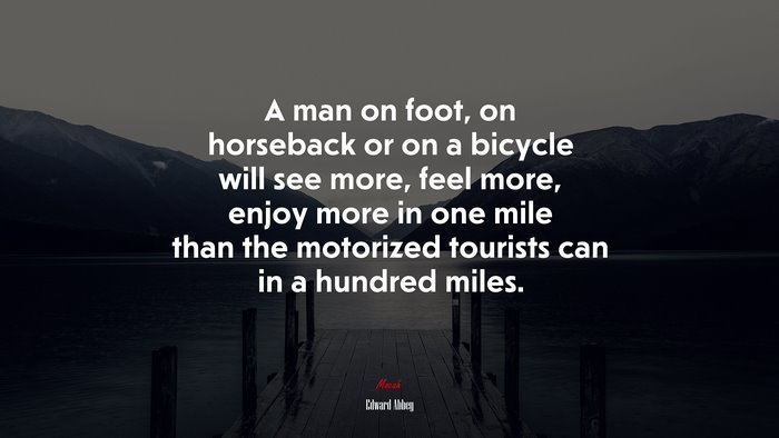 A man on foot, on horseback or on a bicycle will see more, feel more, enjoy more in one mile than the motorized tourists can in a hundred miles. | Edward Abbey quote