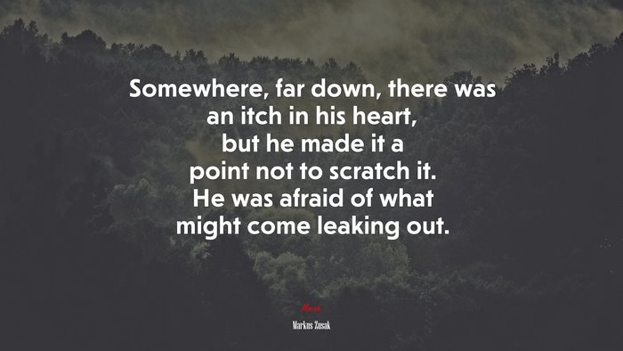 Somewhere, far down, there was an itch in his heart, but he made it a point not to scratch it. He was afraid of what might come leaking out. | Markus Zusak quote