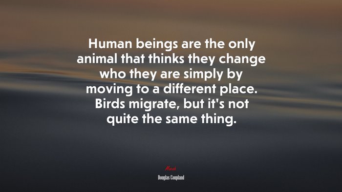 Human beings are the only animal that thinks they change who they are simply by moving to a different place. Birds migrate, but it’s not quite the same thing. | Douglas Coupland quote
