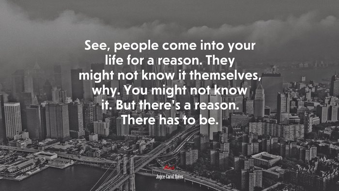 See, people come into your life for a reason. They might not know it themselves, why. You might not know it. But there’s a reason. There has to be. | Joyce Carol Oates quote