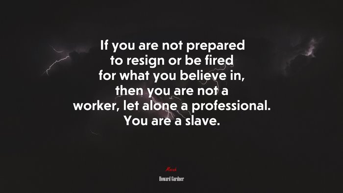 If you are not prepared to resign or be fired for what you believe in, then you are not a worker, let alone a professional. You are a slave. | Howard Gardner quote