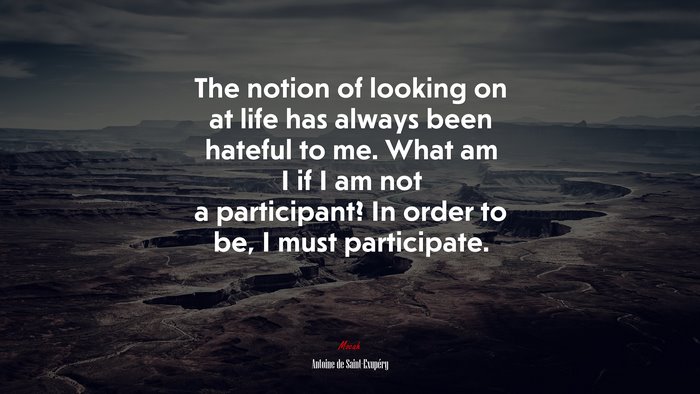 The notion of looking on at life has always been hateful to me. What am I if I am not a participant? In order to be, I must participate. | Antoine de Saint-Exupéry quote