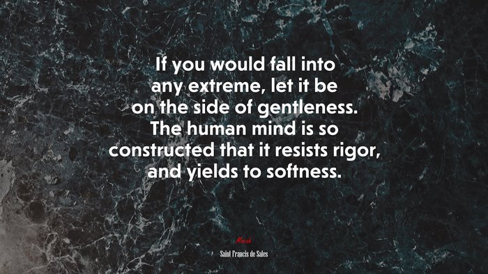 If you would fall into any extreme, let it be on the side of gentleness. The human mind is so constructed that it resists rigor, and yields to softness. | Saint Francis de Sales quote