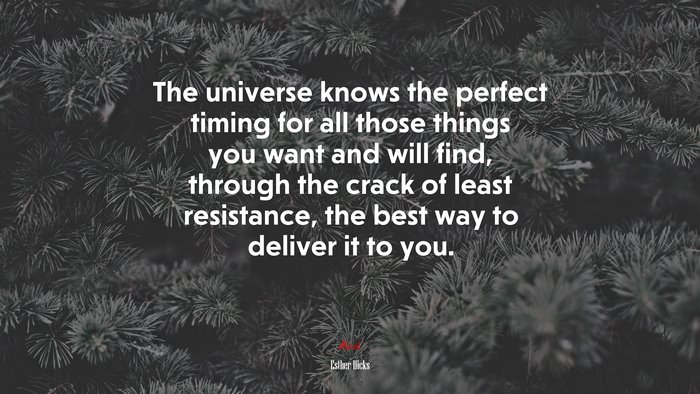The universe knows the perfect timing for all those things you want and will find, through the crack of least resistance, the best way to deliver it to you. | Esther Hicks quote