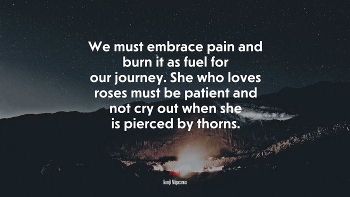We must embrace pain and burn it as fuel for our journey. She who loves roses must be patient and not cry out when she is pierced by thorns. | Kenji Miyazawa quote