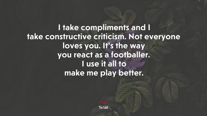 I take compliments and I take constructive criticism. Not everyone loves you. It’s the way you react as a footballer. I use it all to make me play better. | Tim Cahill quote