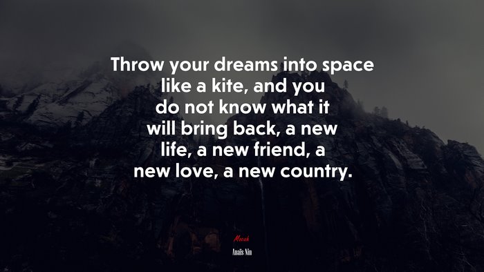 Throw your dreams into space like a kite, and you do not know what it will bring back, a new life, a new friend, a new love, a new country. | Anaïs Nin quote