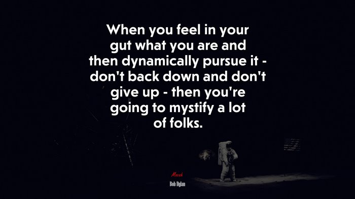 When you feel in your gut what you are and then dynamically pursue it - dont back down and dont give up - then youre going to mystify a lot of folks. | Bob Dylan quote