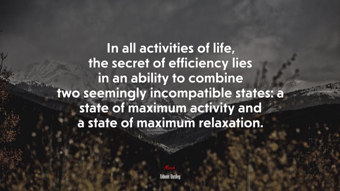 In all activities of life, the secret of efficiency lies in an ability to combine two seemingly incompatible states: a state of maximum activity and a state of maximum relaxation. | Aldous Huxley quote